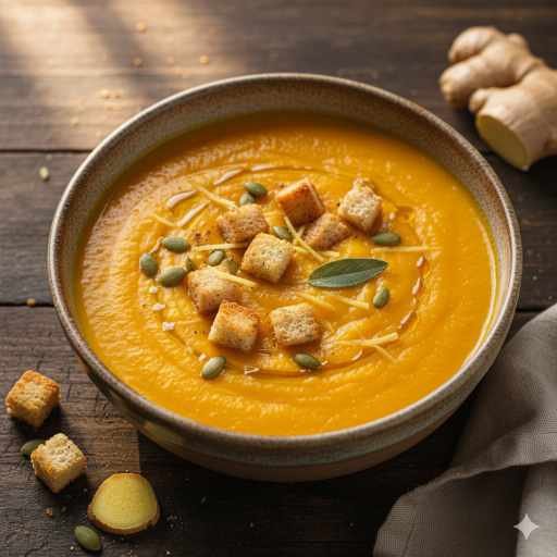 Vellutata di zucca, patate e zenzero con crostini 